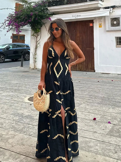 vzyzv  -  Sexy Backless Women Print Halter Maxi Dress Fashion Deep V-neck High Waist Split Dresses Summer Lady Loose High Street Robe