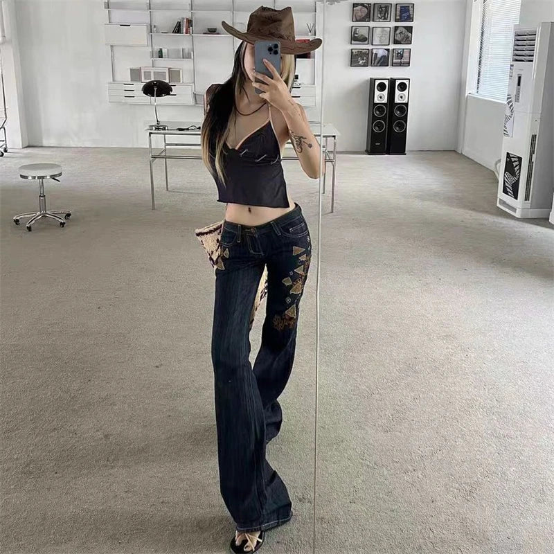 vzyzv  -  Women's Embroidery Low Waisted Micro Flared Jeans Summer New Casual Slim Denim Narrow Pants Female Sexy Bell-bottoms Trousers