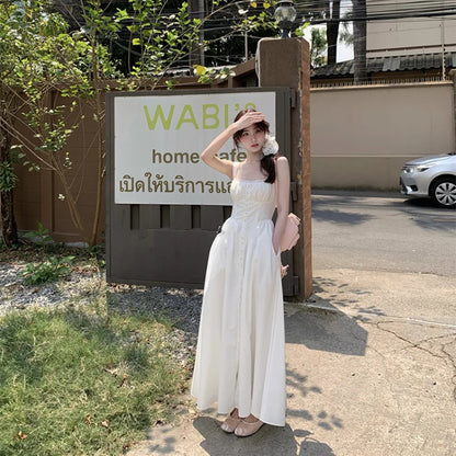 vzyzv -  Elegant Beach Party White Midi Dresses for Women  Summer New Korean Fashion Casual Sleeveless Slim Flower Female Clothing