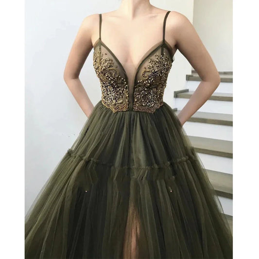 vzyzv  -  Women's Elegant Prom Gowns A-Line Princess Evening Dresses Tulle Sexy V-Neck Sleeveless Lace Applique Tulle Formal Beac