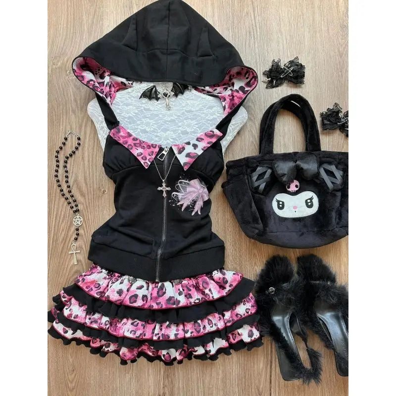 vzyzv  -  New Gothic Vintage Hot Girls 2 Piece Sets Women Sexy Bow Hooded Halter Tops + Y2k Mini Cake Skirt Harakuju Retro Outfits