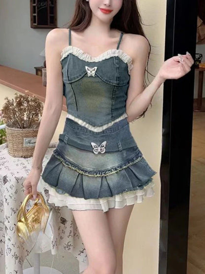 nvxiot  -   Summer Sexy Lace Sleeveless Korean Sets Women Retro Bow Casual Aesthetic Y2k Tops + Ruched Slim Elegant Party Mini Skirt 2024