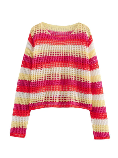 vzyzv -  New Summer Women's Casual Versatile Knitted Colored Stripe Long sleeved Round Neck Loose Knitted Top