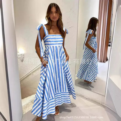 vzyzv -  Fashion Stripe Printing Bow Lace Up Bow Sling Dress Women Elegant Sleeveless Backless Long Dresses  New Lady Beach Vestidos