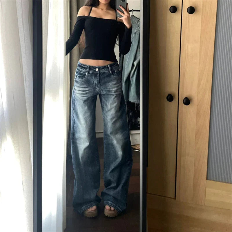 vzyzv  -  Women's Retro Wide Leg Washed Blue Jeans Summer New Cool Girl Straight Bottoms Vintage Casual Trousers Female Mid-Waisted Pants