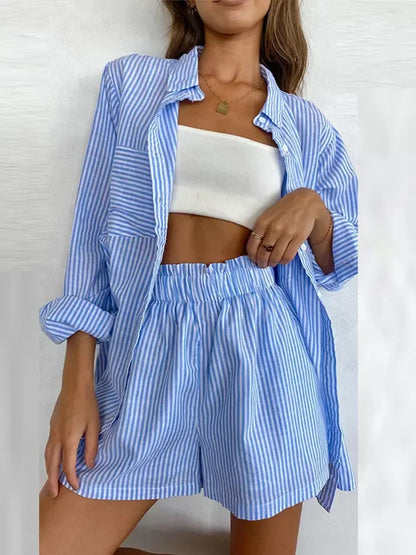 vzyzv  -  Vintage Blue Striped Chic Women Suit Single Breasted Turn-down Collar Blouse Loose Shorts Fashion 2024 Autumn Female Set