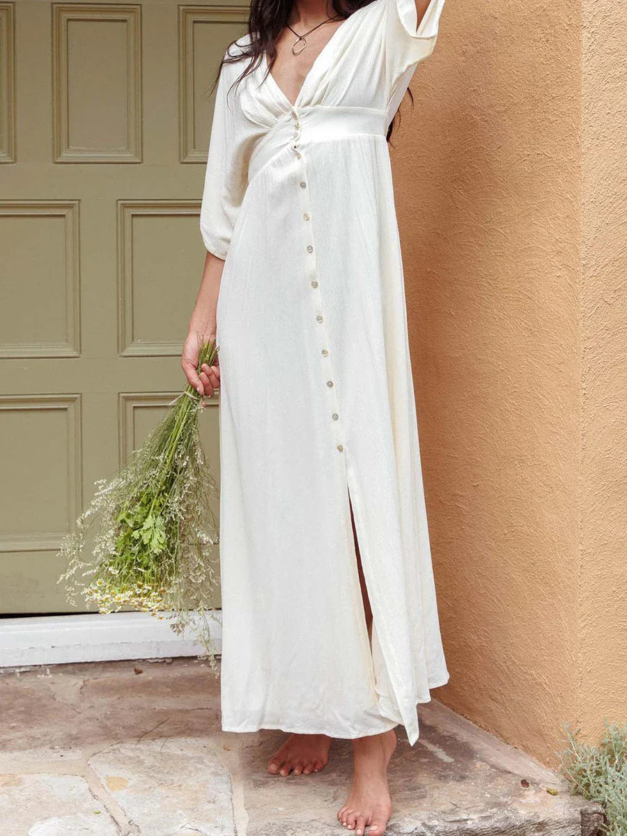 vzyzv  -  Summer New Casual White Long Dresses Elegant Single Breasted V Neck Short Sleeve Maxi Dress Women Simple Fashion Holiday Vestido