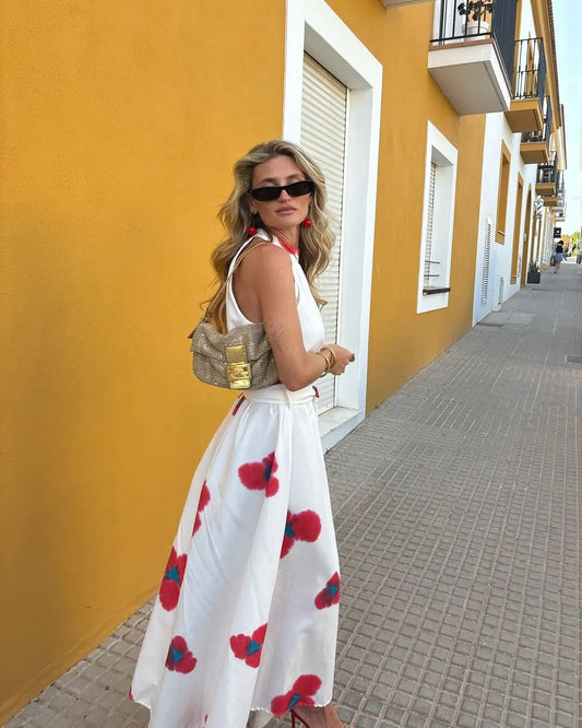 vzyzv  -  Women Elegant Tie Dye Sleeveless Pleat Long Dresses Fashion Floral Print Patchwork Contrasting Maxi Dress Lady Holiday Robe