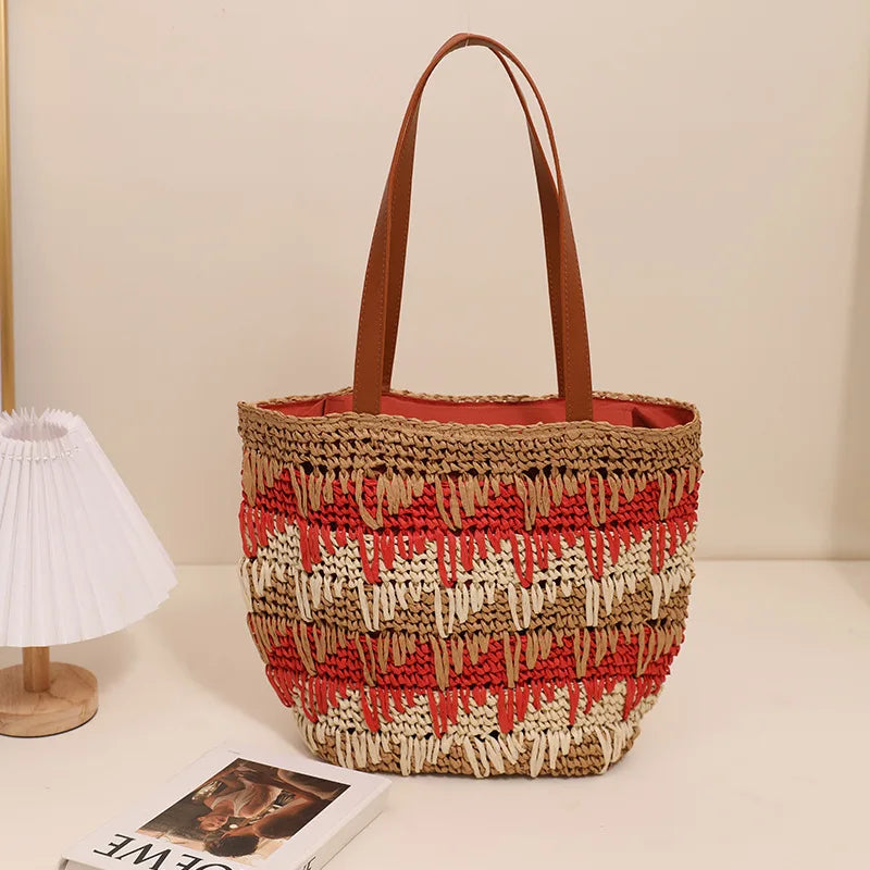 vzyzv -  New One Shoulder Grass Woven Bag Contrast Color Handmade Large Capacity Beach Vacation Leisure Summer Women's Bag