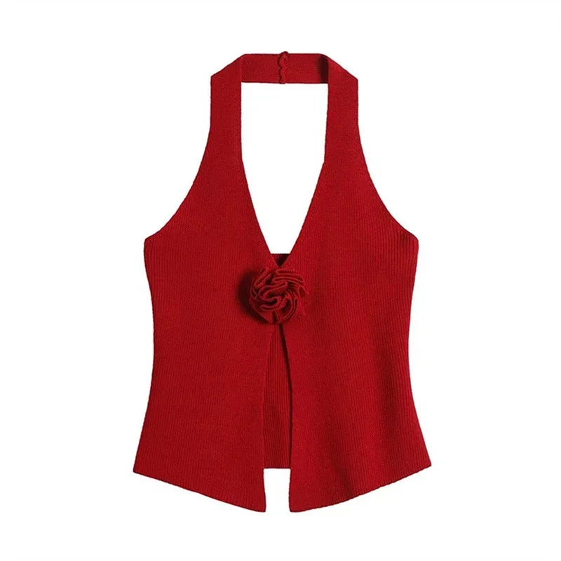 vzyzv -  Solid Knitted 3D Flower Halter Women Vest V-neck Sleeveless Backless Split Female Tanks 2024 Summer New Fashion Sexy Lady Tops