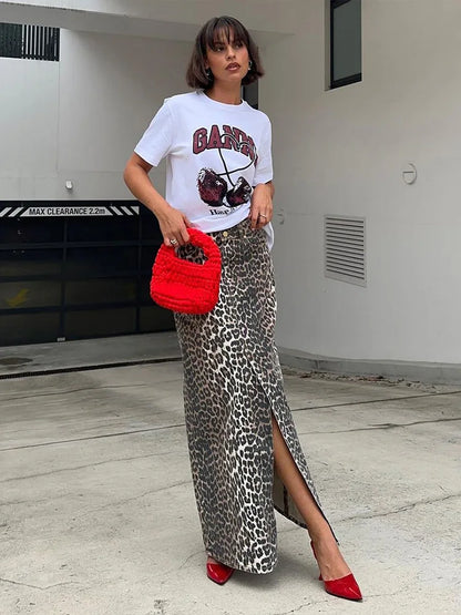 vzyzv  -  Fashion Vintage Leopard Print Denim Skirts for Women High Waisted Front Split Long Denim Skirt Streetwear Y2k Midi Skirts