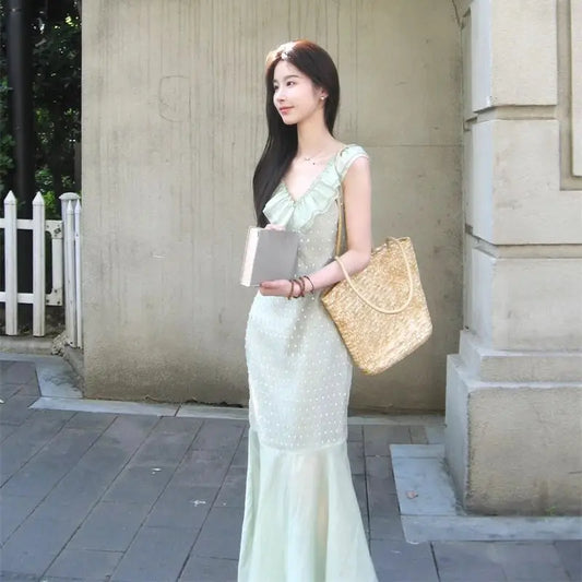 vzyzv -  Ruffled V-neck Holiday Dress Fairy Green Yarn Patchwork Vestidos Summer Beading Sleeveless Slim Long Dresses Thin Z305