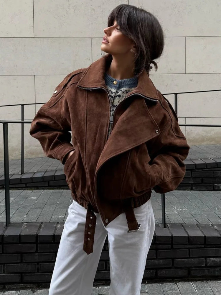 vzyzv  -  Fashion Brown Maillard Lapel Suede Leather Jackets For Women Casual Long Sleeve Zipper Pockets Coats Lady High Streetwear