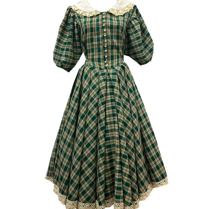 nvxiot  -   princess Retro French green check white flower lace v neck button short sleeve ruffles bow a line Antique evening dress24.6.6