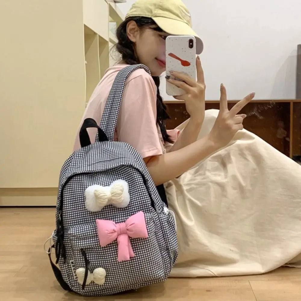 vzyzv  -  Large Capacity Cute Bowknot Backpack Solid Color Korean Style Nylon Student School Bag Lattice Lightweight