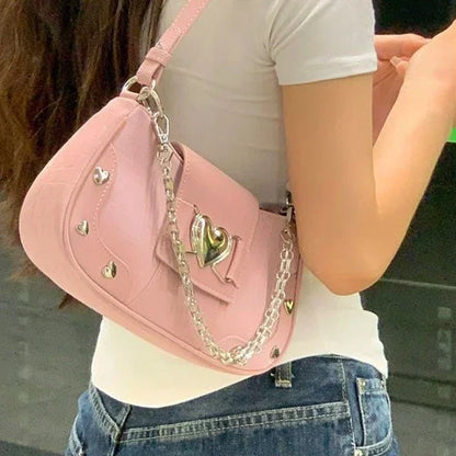 vzyzv  -  Retro Y2K Japanese Genjuku Pink PU Leather Large Capacity Handbag The Single Shoulder Bag Women Bags Purse Crossbody Bag