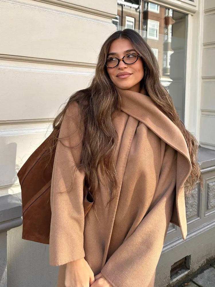 vzyzv  -  Women Elegant Brown Long Woolen Coats With Scarf Fashion Double Breasted Oversized Thicken Overcoats Lady Daily Streetwear