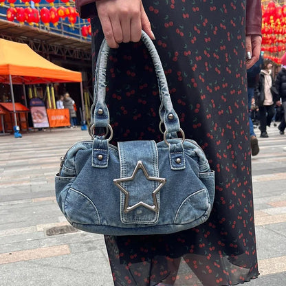 vzyzv  -  Korean Fashion Vintage Metal Star Aesthetic Denim Women Underarm Shoulder Bag New Y2k Streetwear Ladies Purses and Handbags