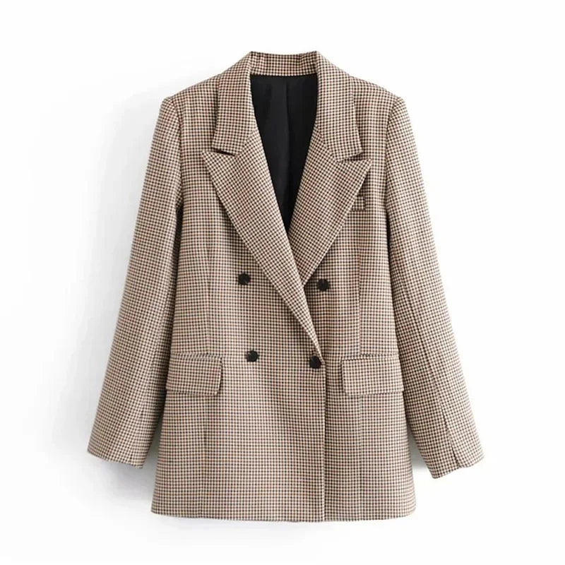 vzyzv  -  British Style Retro Plaid Blazer Suit  Women Simple Mid Length Double Breasted Casual Office Blazers Lady Work Commute Suit