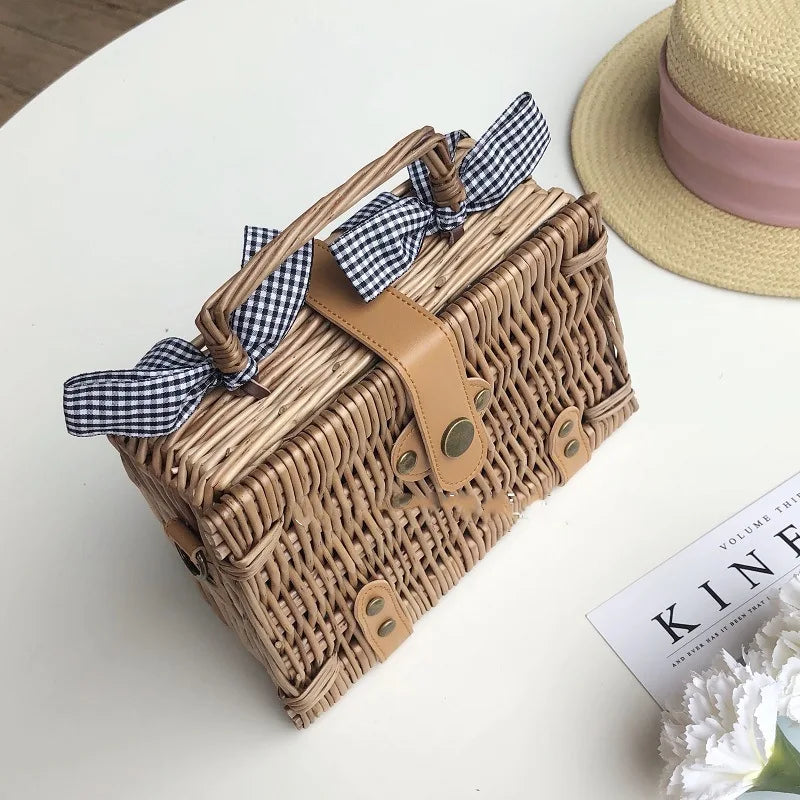 vzyzv -  New Handmade Bohemian Women's Handbags Summer Straw Beach Bag Square Rattan Bow Female Bags Fashion Designer Shopper Purse