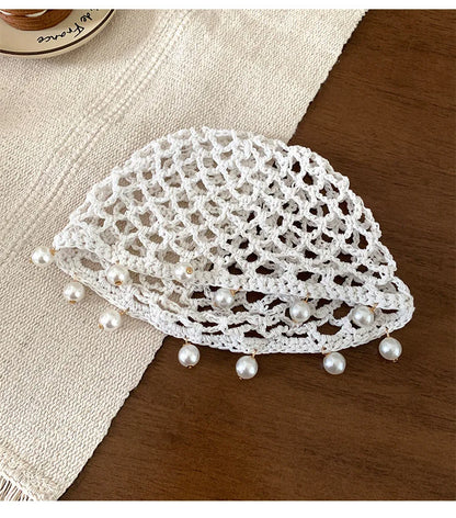 vzyzv  -  Korean Simple Handmade Hollow Knitted Hat Summer Thin Pearl Pendant Trendy Artistic Short Eave Skull Bean Cap for Women's