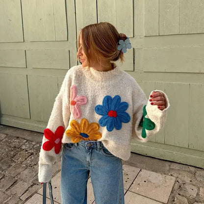 vzyzv  -  Autumn Knitted Women Sweater Sweet Flower Loose Long Sleeve O-neck Female Pullovers 2025 New Casual Loose Ladies Tops Streetwear