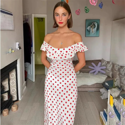 vzyzv  -  French Retro Red Porka Dot Strapless Long Holiday Dress New Summer Fashion Ruffles Fairy Beach Dress Off Shoulder Seaside Skirt