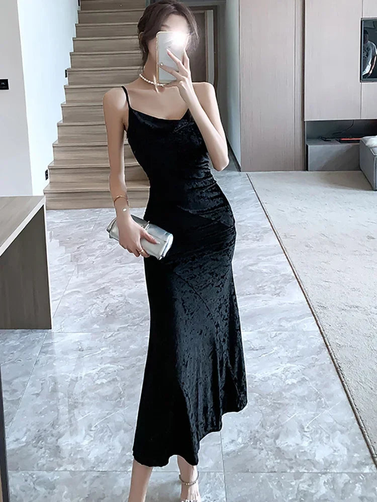 nvxiot  -  2024 New White Velvet Luxury Sling Long Dress Autumn Winter Elegant Ruffled Mermaid Dress Women Korean Vintage Dance Party Dress