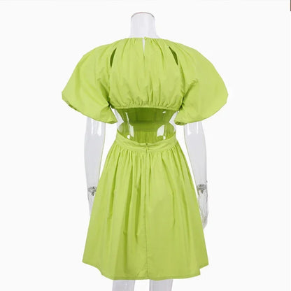 nvxiot  -  Green Puff Sleeve Elegant Woman Summer Shirt Dresses Female Zipper Fashion Spring Vintage Sexy Backless Casual Vestido  New