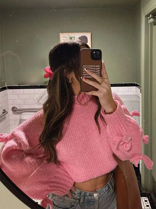 vzyzv  -  Fashion O-neck Lantern Long Sleeve Sweater Casual Sweet Pink 3d Bow Women's Loose Pullover 2024 Lady High Street Streetwear