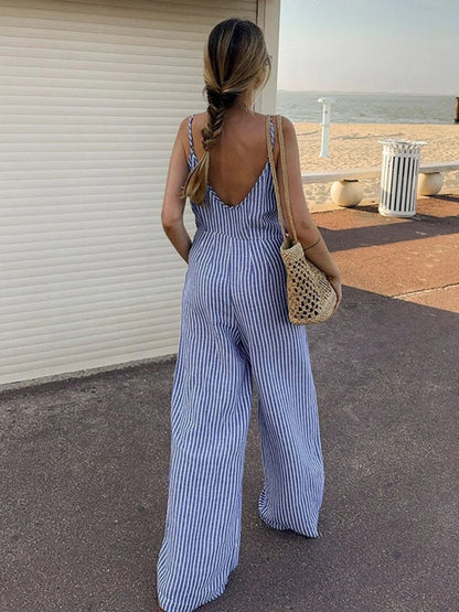 vzyzv -  Fashion Causal Contrasting Stripes Long Jumpsuits Sexy Suspenders Deep V Backless Relaxed Fit Pants Summer Women Clothes