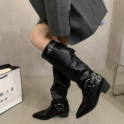 vzyzv  -  Winter Western Cowboy Boots Women Fashion Slip On Long Boots Female Elegant Square Heel Women's Knight Botties