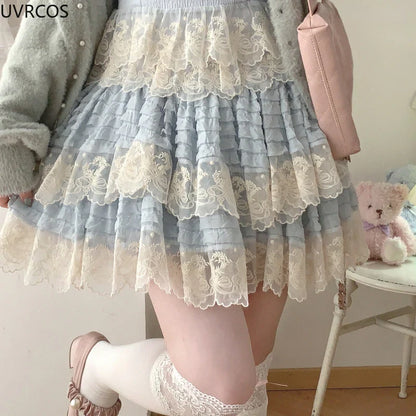 vzyzv  -  Sweet Lolita Lace Cake Skirt Women Pink Vintage Elegant A-line Mini Skirts Female Korean Fashion Preppy Style Pleated Skirt