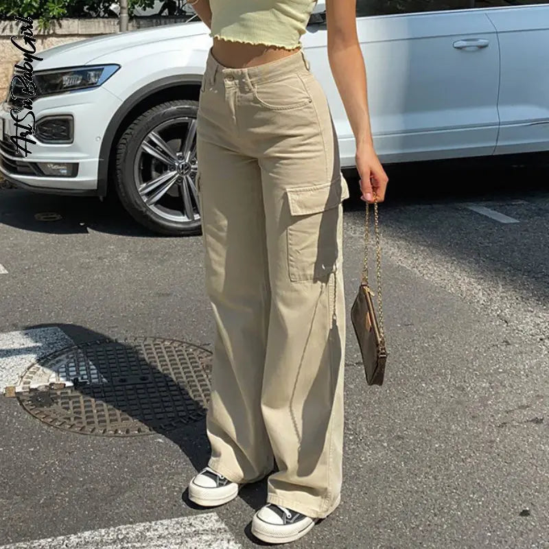 vzyzv  -  Y2k Cargo Pants Baggy Wide Leg Trousers Women Streetwear Fashion Apricot Straight Jeans Pocket Loose High Waisted Jeans Trousers