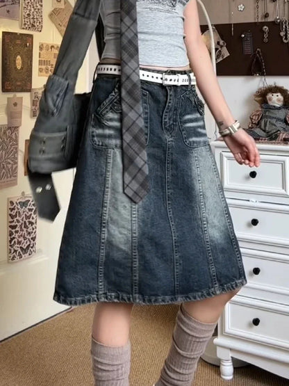 vzyzv -  Summer Women Korean Midi Denim Skirt Cyber Punk Gyaru Coquette 2000s Vintage Harajuku Gothic Japanese Fashion Y2k Streetwear New