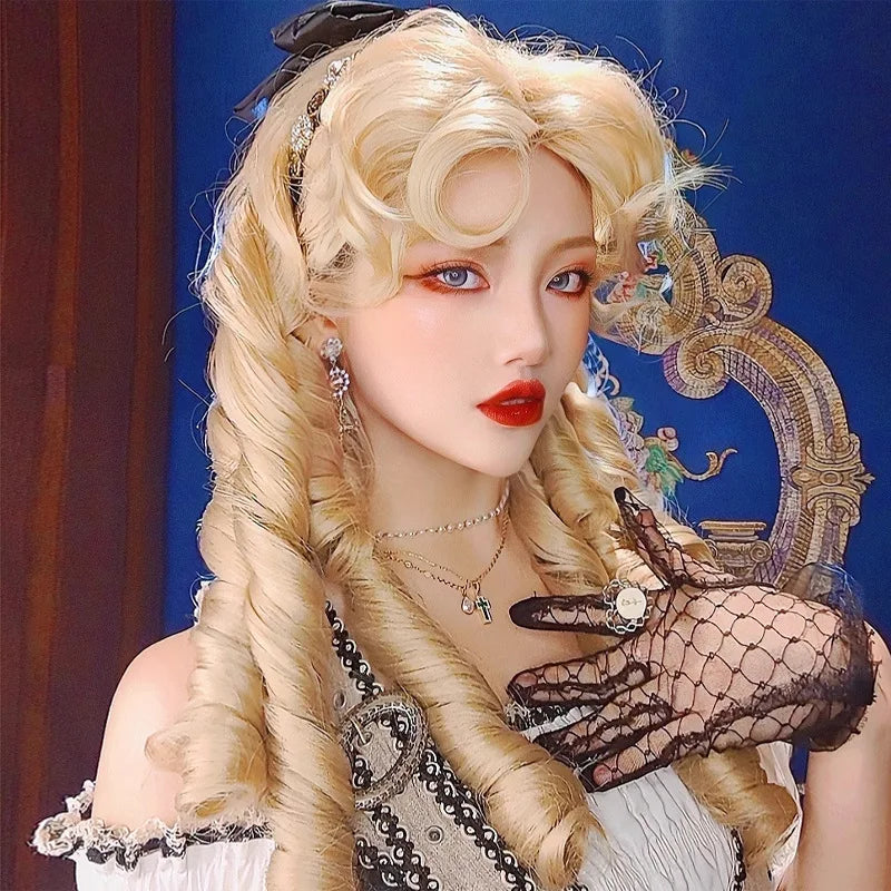 vzyzv  -  Wig Head Set Center Parted Bangs 32 Inch Lolita Natural Gorgeous Vintage Roman Curls Long Curly Hair Elegant Blonde Wig