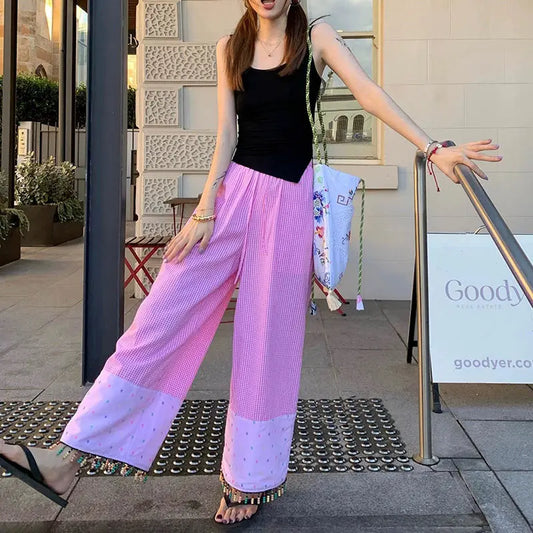 vzyzv -  Summer New Fashion Contrast Color Plaid Splicing Heavy Industry Beaded Wide Leg Pants Women Trendy HIgh Waist Loose Casual Pants