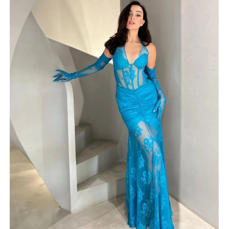 vzyzv  -  Fashionable Gloves Blue See Through Lace V-Neck Halter Mermaid Dress Elegant Goddess Evening Dress Celebrity Party Vestido