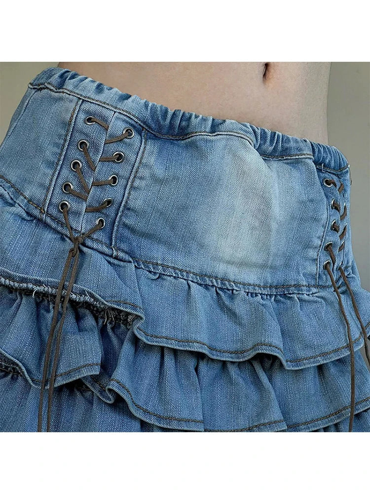 vzyzv -  Summer Women Korean Low Rise Gothic Mini Denim Tierred Ruffles Skirt Gyaru Harajuku 2000s Coquette Y2k Streetwear Kpop Chic Goth