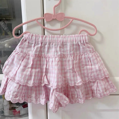 vzyzv  -  Korean Style Pink Plaid Print Pleated Mini Skirt Sweet Kawaii A Line Patchwork High Waist School Girls Y2K Soft Girl Skirts