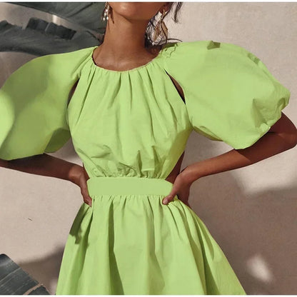 nvxiot  -  Green Puff Sleeve Elegant Woman Summer Shirt Dresses Female Zipper Fashion Spring Vintage Sexy Backless Casual Vestido  New