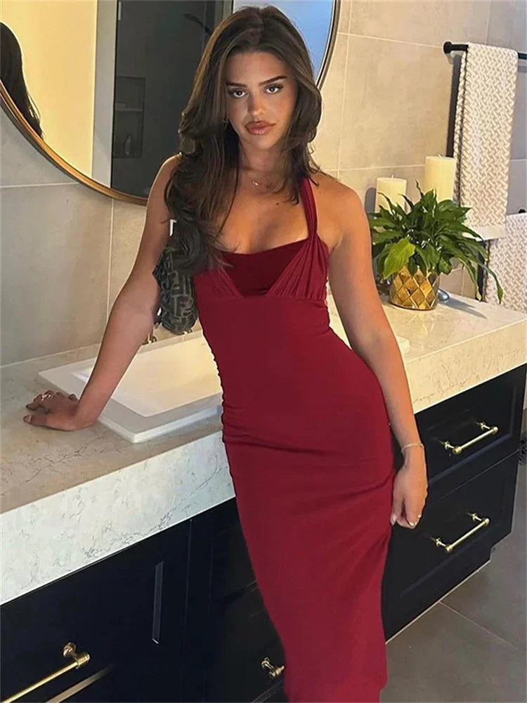 vzyzv  -  Summer Backless Slim Long Dress Women's Fashion  Bandage Square Collar Elegant Party Dress Ladies Solid Maxi Dress New