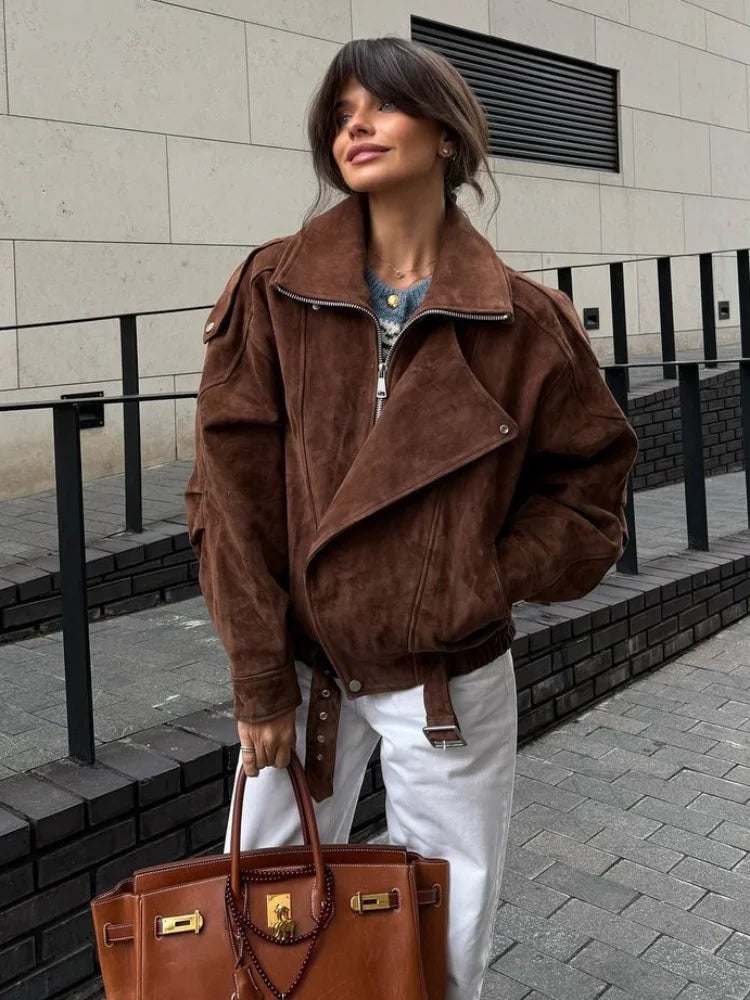 vzyzv  -  Fashion Brown Maillard Lapel Suede Leather Jackets For Women Casual Long Sleeve Zipper Pockets Coats Lady High Streetwear