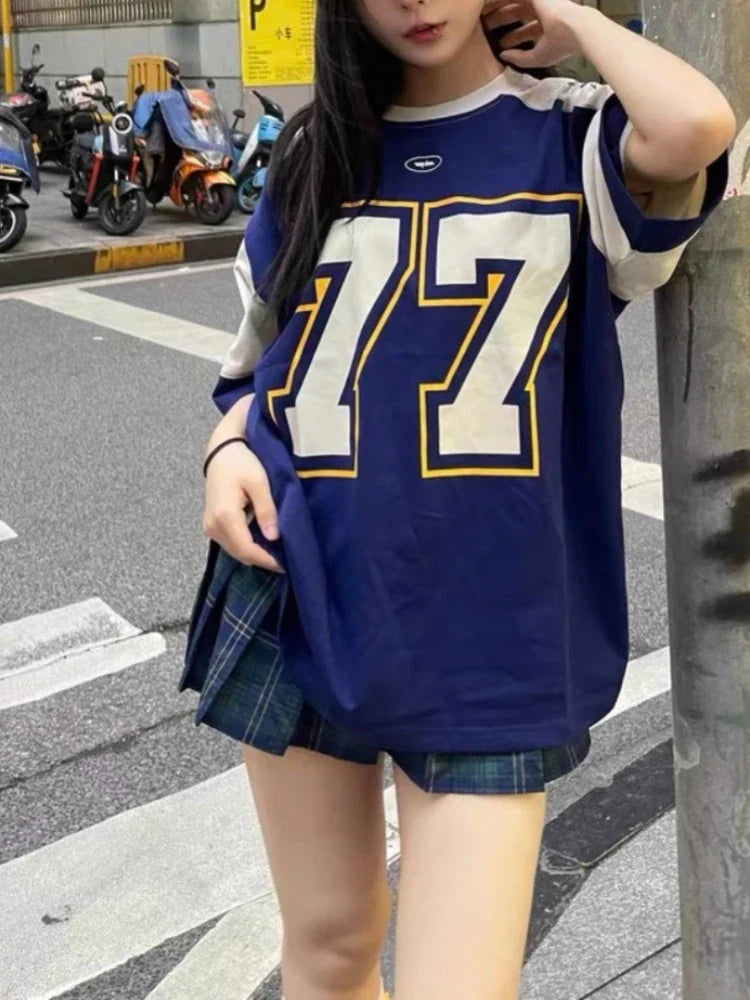 vzyzv  -  Blue Sports Oversized T Shirt Women Patchwork Raglan Short Sleeve Casual Tops American Football Summer Hip Hop Tshirts