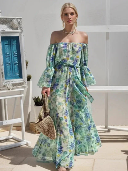 nvxiot  -  Holiday Elegant High-waisted Long Dress for Woman New Summer Floral Printed Ladies Dress Fashion New Boho Ruffles Dress Vestidos