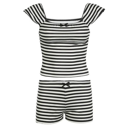 vzyzv  -  Stripe Contrasting Shorts Sets For Women 2 Pieces Square Neck Spliced Bow Tank Top Casual Y2K Slim Outfit Streetwear