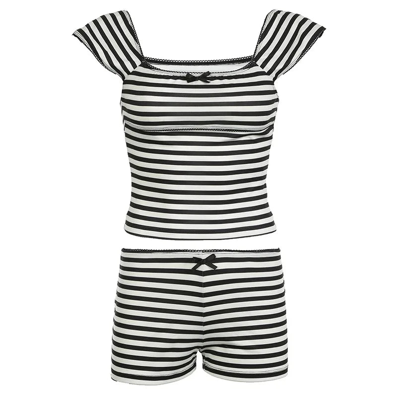 vzyzv  -  Stripe Contrasting Shorts Sets For Women 2 Pieces Square Neck Spliced Bow Tank Top Casual Y2K Slim Outfit Streetwear