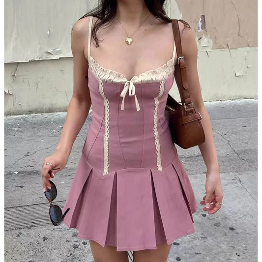 vzyzv  -  Boho Inspired MINI DRESS pink cotton summer dresses straps ruffled hem cute slim fit women dress new hot girl party dress