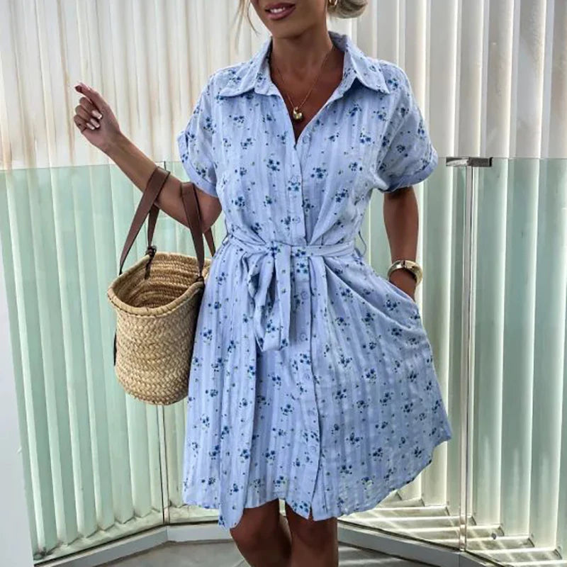 nvxiot  -  Casual Lapel Lace Up Summer Dress 2024 Fashion Short Sleeved Pocket Party Dress Office Ladies Elegant Floral Print A-line Dress