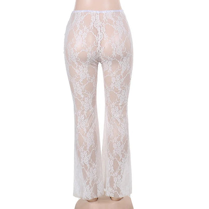 nvxiot  -  Bow Splice Sheer Lace Flare Pants Women Sexy See Through High Waist Slim Boot Cut Trousers Hot Girls Clubwear Party Bottoms